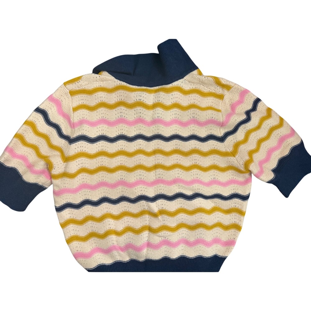 THML Multi Color Wavy Stripe Knit Polo Top Navy Pink Mustard Short Sleeve Large - Picture 3 of 5